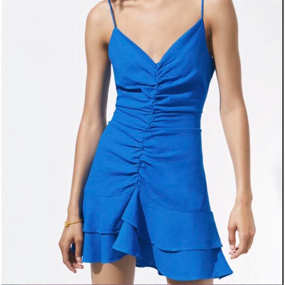Zara Blue Linen Blend Ruffle Mini Dress Ruched Tie Back Cutout XS